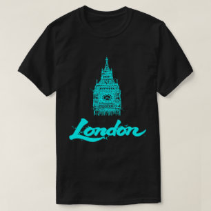 Camiseta Londres Cian Neón Boceto Big Ben Moderno Negro
