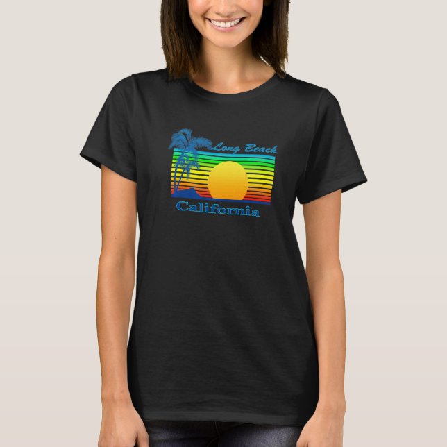Camiseta Long Beach California Retro Tropical Beach Sunset (Anverso)