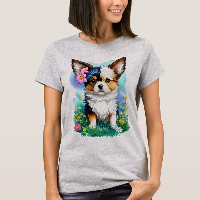 Camiseta Long Haired Chihuahua Floral Watercolor Garden  (Anverso)