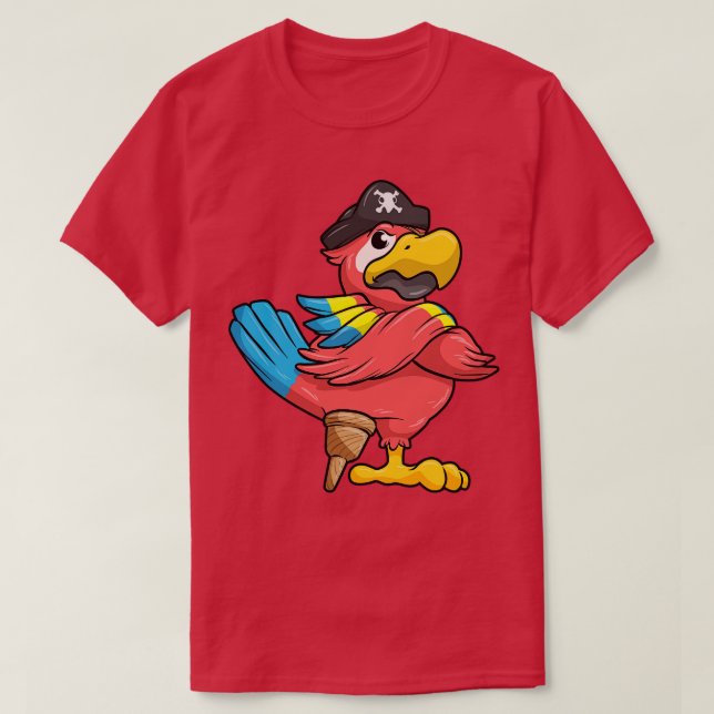 Camiseta Loro como pirata con pierna de madera y gorra pira (Diseño del anverso)