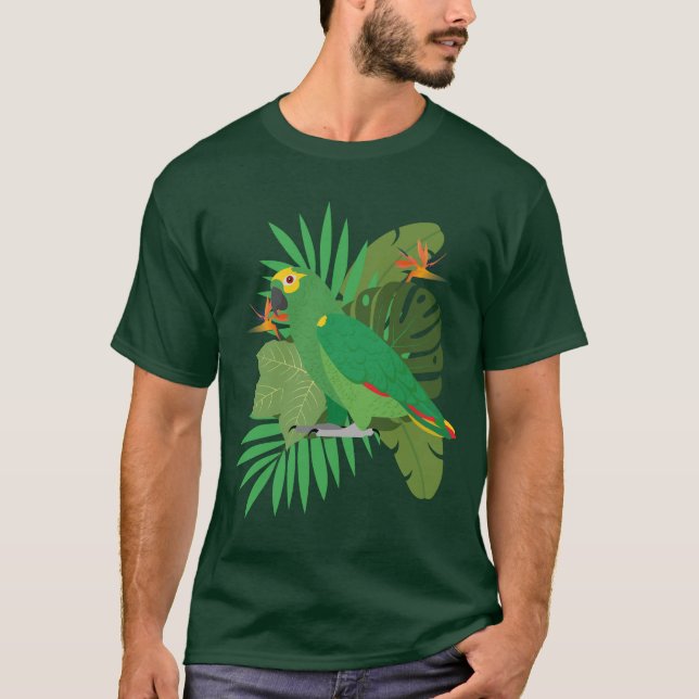 Camiseta Loro de amazonas con fondo de hoja (Anverso)