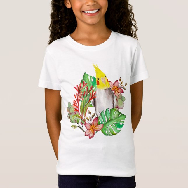 Camiseta Loro de Corella en plantas tropicales y flores (Anverso)