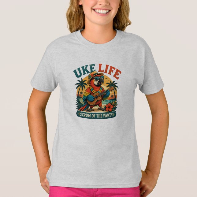Camiseta Loro de Uke Life – Vibraciones de la Isla Ukulele (Anverso)