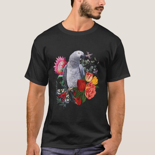 Camiseta Loro Gris Africano Con Flores Y Mariposa (Anverso)