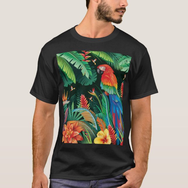 Camiseta Loro tropical: fondo floral exótico. (Anverso)