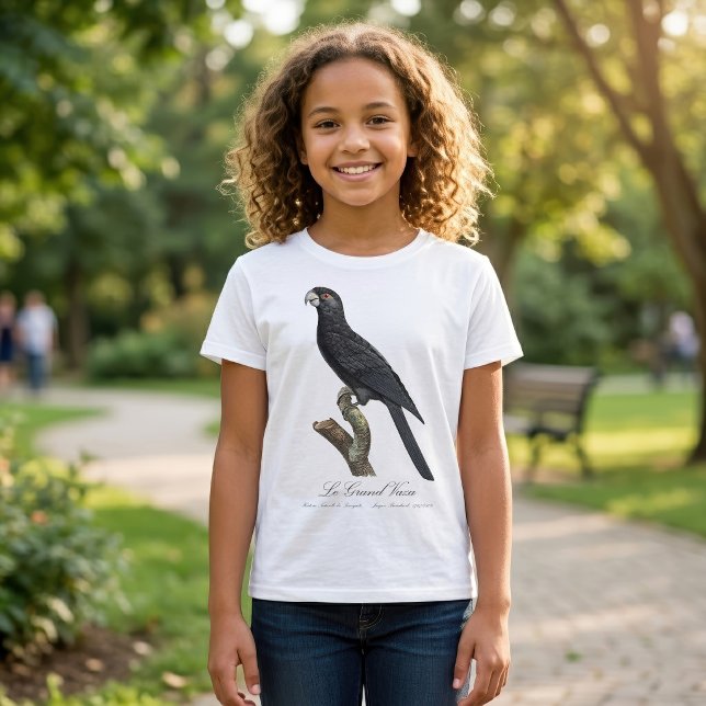 Camiseta Loro Vasa Mayor, Coracopsis Vasa Ilustración (Greater Vasa Parrot, Coracopsis Vasa Illustration. Girl Basic White T-Shirt)