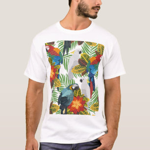 Camiseta loros tropicales, patrón inoxidable vintage.