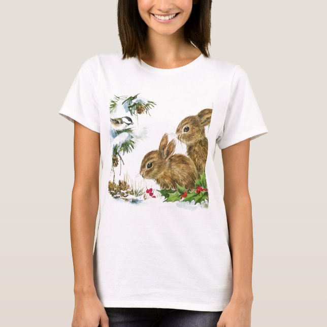Camiseta Los conejos y las aves disfrutan de la nieve (Anverso)