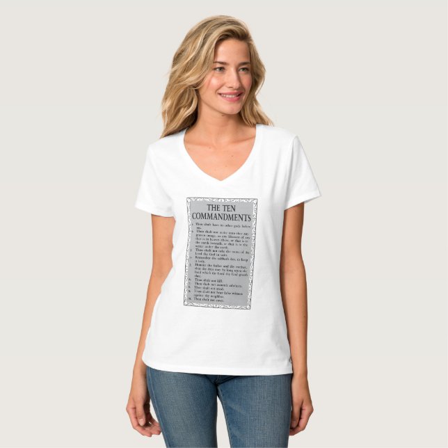 Camiseta Los Diez Mandamientos Biblias Mujeres V-Cuello (Anverso completo)
