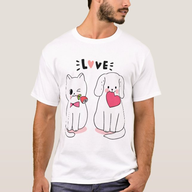 Camiseta Los Gatos Blancos Kawaii Aman Y Gran Corazón (Anverso)