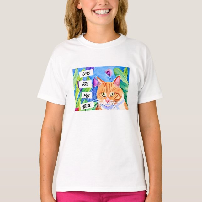 Camiseta Los gatos son mi tribu | Gato Naranja y flores (Anverso)