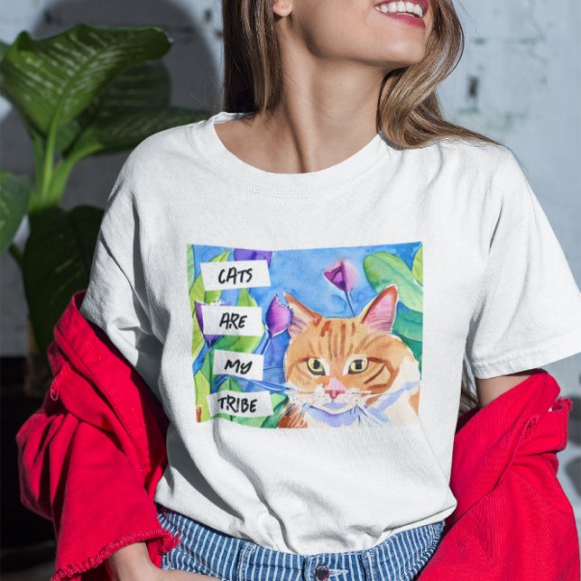 Camiseta Los gatos son mi tribu | Gato Naranja y flores (Subido por el creador)