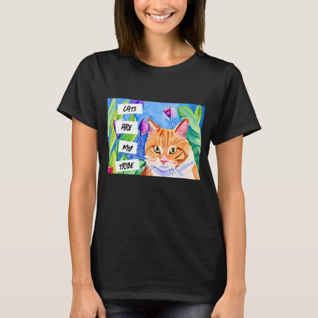 Camiseta Los gatos son mi tribu | Gato Naranja y flores (Anverso)