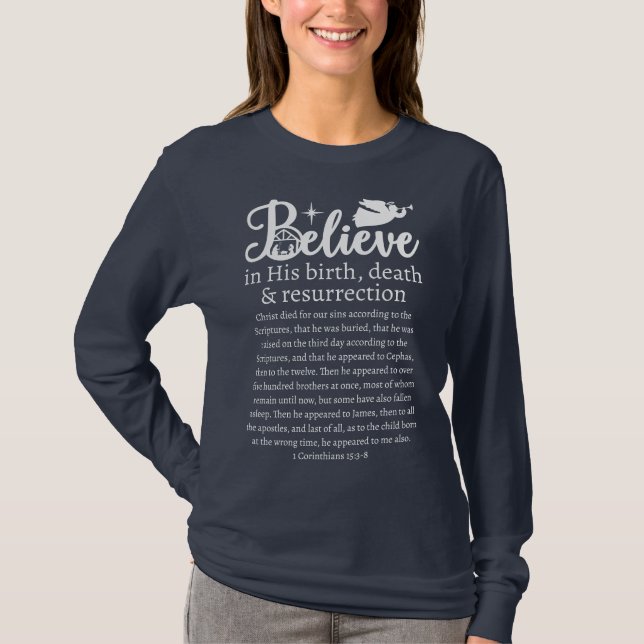 Camiseta Los navidades creen que Jesús Natividad Azul Manga (Anverso)