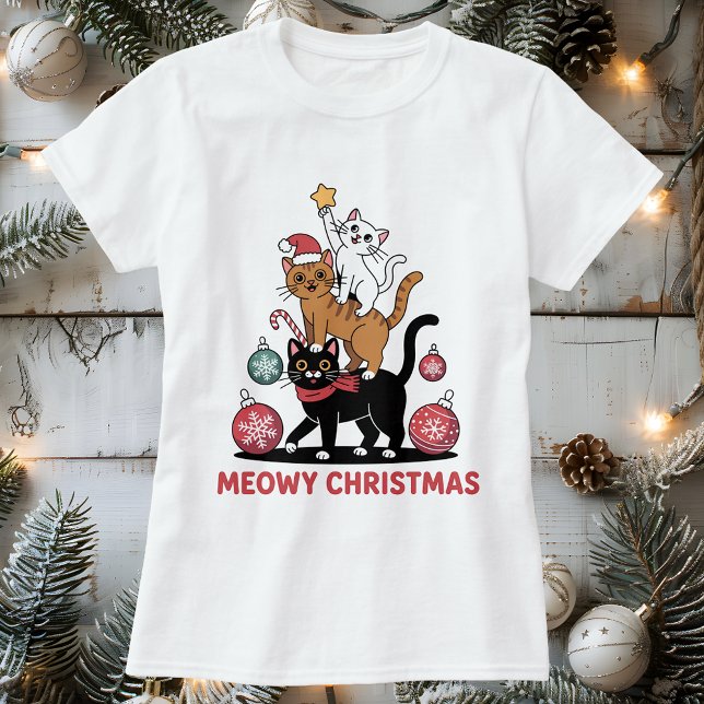 Camiseta Los Navidades Meowy apilan a los gatos (Meowy Christmas Stacked Cats Lover T-Shirt)