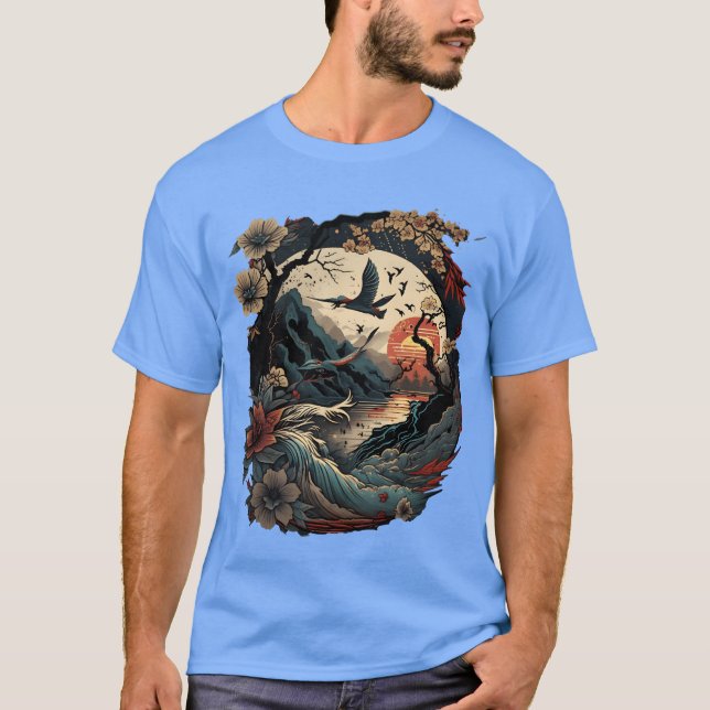 Camiseta Los pájaros japoneses retro lamen la flor y la vie (Anverso)