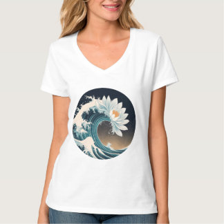 Camiseta Loto blanco y ola oceánica - Elegancia en movimien
