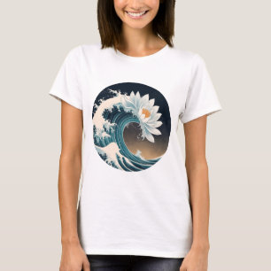 Camiseta Loto blanco y ola oceánica - Elegancia en movimien