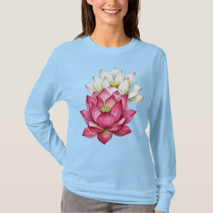 Camiseta Loto de Flor de Agua Rosa y Blanco Acuarela