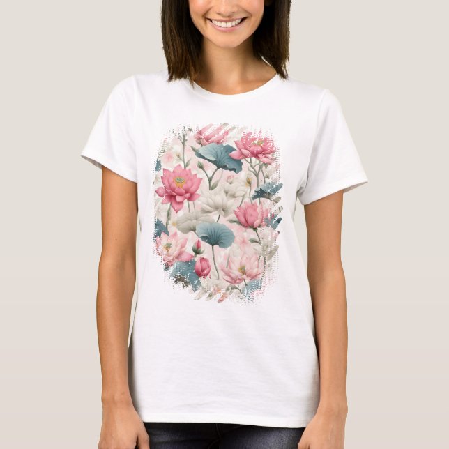 Camiseta Loto romántico en rosa, crema y verde suave (Anverso)