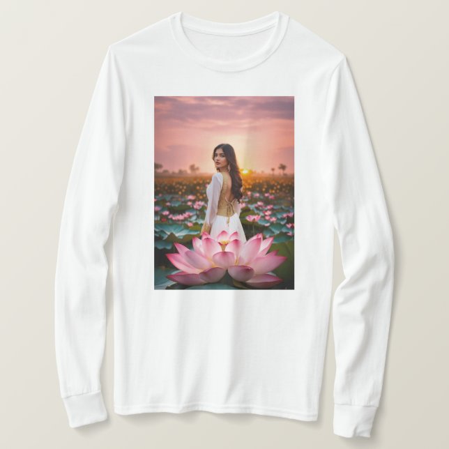 Camiseta Lotus Radiance: Un ballet floreciente de rosa y va (Anverso del diseño)