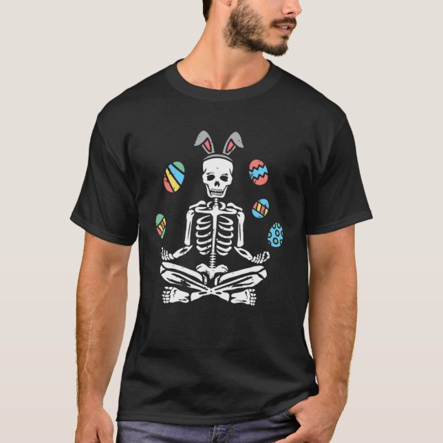 Camiseta Lotus Skeleton Bunny Ears Eggs  Yoga Happy Easter  (Anverso)
