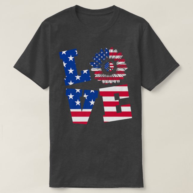 Camiseta Love American flag peace sign sunflower 4th of Jul (Diseño del anverso)
