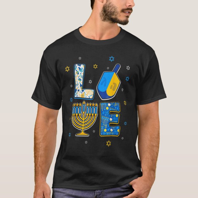 Camiseta Love Cute Hanukkah Decorations Dreidel Menorah Cha (Anverso)