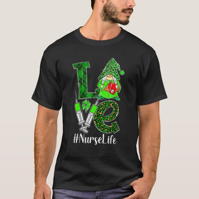 Camiseta Love Gnome Nurse Life Er Rn St Patricks Day Leopar (Anverso)
