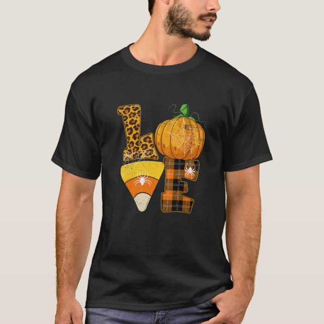 Camiseta LOVE Halloween Pumpkin Funny Corn Candy Corn Leopa (Anverso)