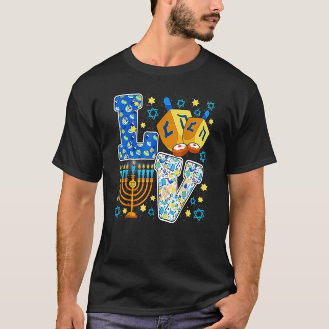 Camiseta LOVE Hanukkah Chanukah Decorations Dreidel Menorah (Anverso)