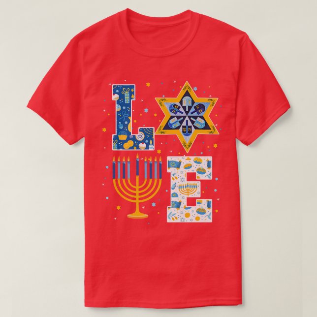 Camiseta LOVE Hanukkah Decoraciones Dreidel Menorah Pajamas (Diseño del anverso)