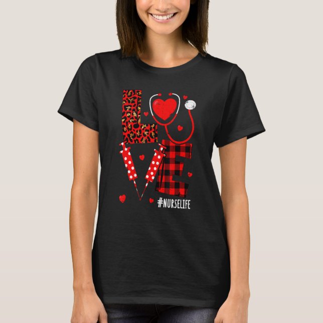 Camiseta Love Heart Stethoscope Nurse Life Leopard Valentin (Anverso)