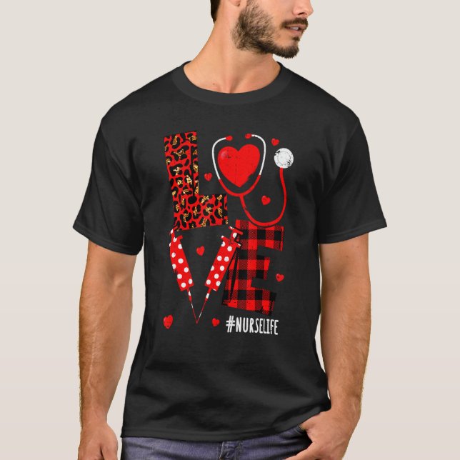 Camiseta Love Heart Stethoscope Nurse Life Leopard Valentin (Anverso)