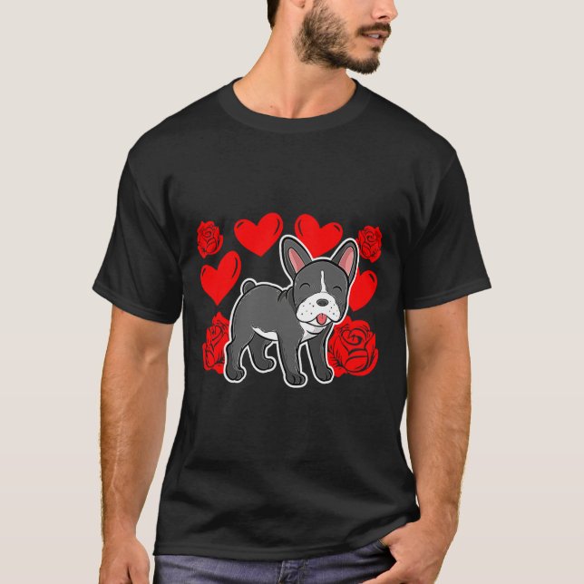 Camiseta Love Heart Valentines Day Roses French Bulldog Bo  (Anverso)