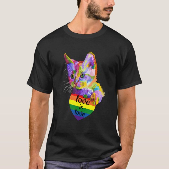 Camiseta Love Is Love Cat LGBT Flag Gay Pride Month Rainbow (Anverso)