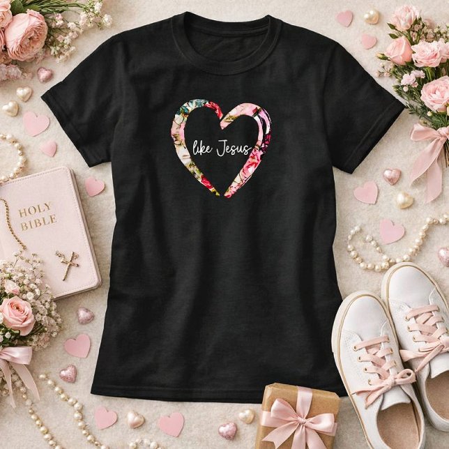 Camiseta Love Like Jesus Floral Heart Women's Christian (Love Like Jesus Valentine Themed Women's Christian Shirt)