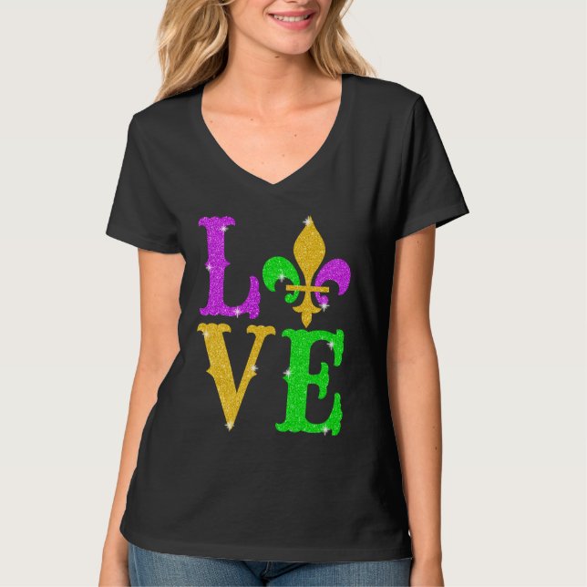 Camiseta LOVE Mardi Gras Fleur De Lys New Orleans Carnival  (Anverso)
