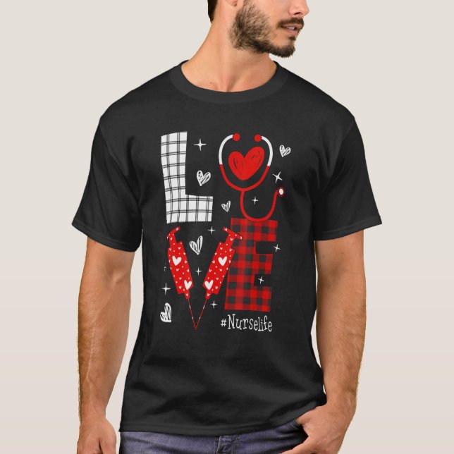 Camiseta LOVE Nurse Life Buffalo Plaid Valentine Day Nursin (Anverso)