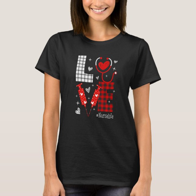 Camiseta LOVE Nurse Life Buffalo Plaid Valentine Day Nursin (Anverso)