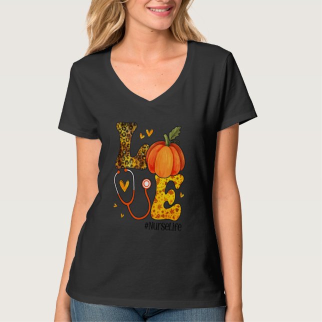 Camiseta Love Nurse Life Fall Nurse Leopard Plaid Thanksgiv (Anverso)