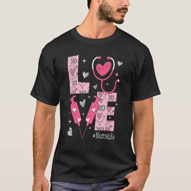 Camiseta LOVE Nurse Life Pink Heart Valentine Day Nursing W (Anverso)