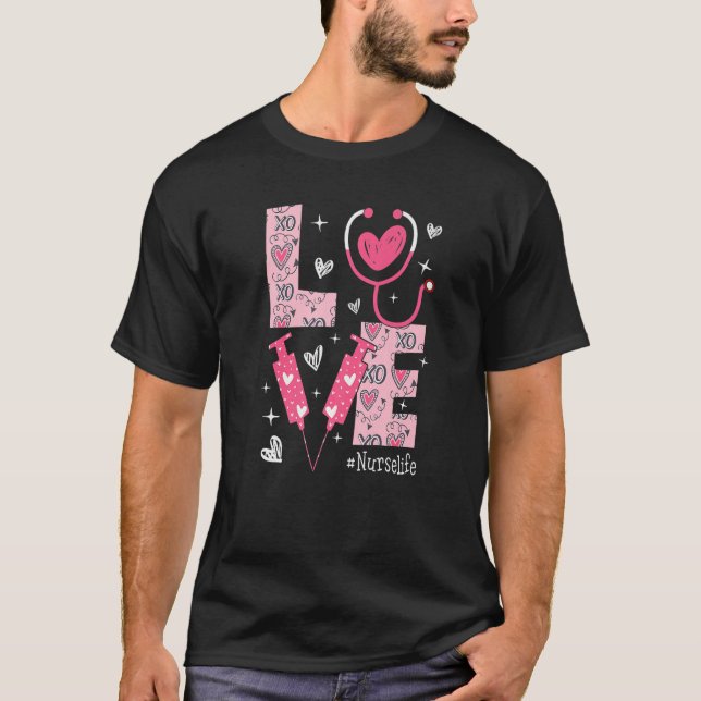 Camiseta LOVE Nurse Life Pink Heart Valentine Day Nursing W (Anverso)
