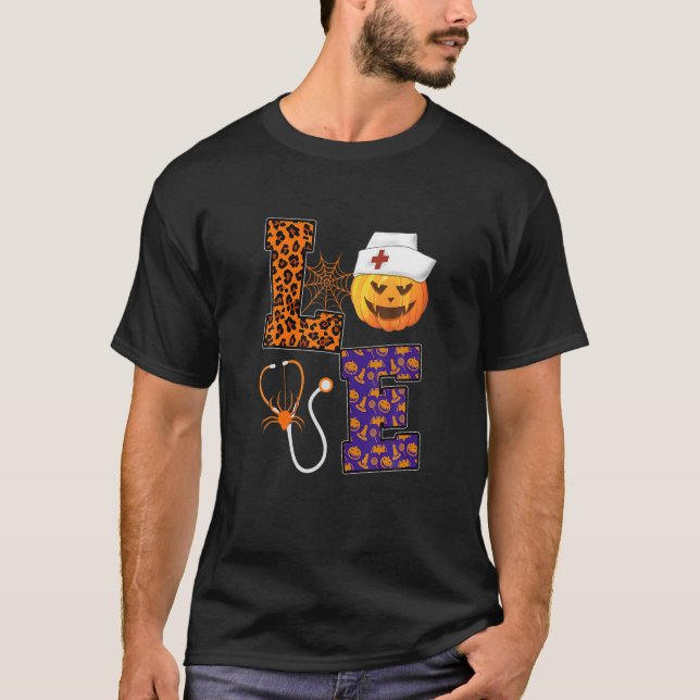 Camiseta LOVE Nurse Pumpkin Fall Médica Leopard Halloween N (Anverso)