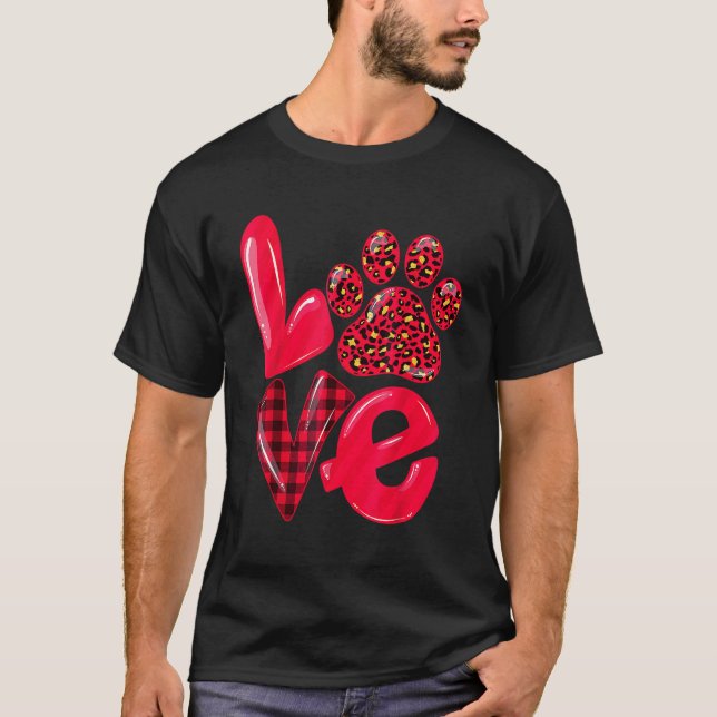 Camiseta LOVE Paw Dog Cat Leopard Red Plaid Valentines Day  (Anverso)