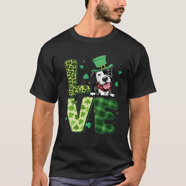 Camiseta Love Pitbull Shamrock Leopard Plaid Happy St Patri (Anverso)
