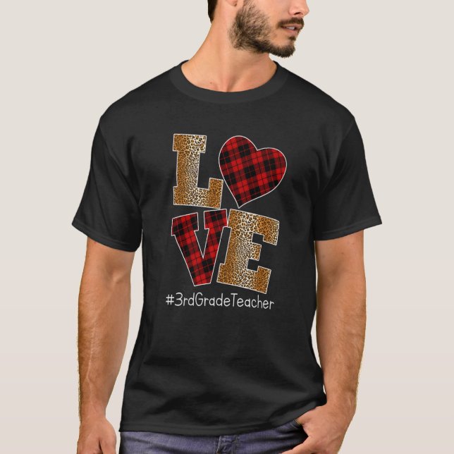 Camiseta LOVE Plaid Red Leopard 3rd Grade Teacher Valentine (Anverso)