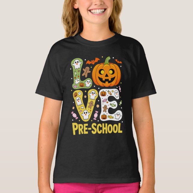 Camiseta Love Preschool Halloween Teacher Ghost Pumpkin (Anverso)