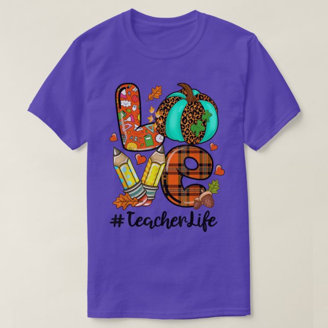 Camiseta LOVE Pumpkin Leopard Pencil Teacher Life Fall Than (Diseño del anverso)