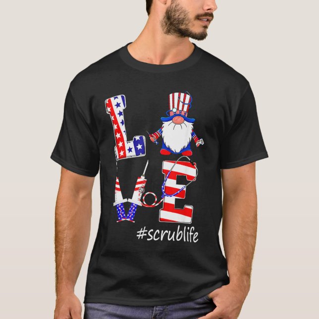 Camiseta Love Scrub Life Nurse Gnomes 4th Of July American  (Anverso)